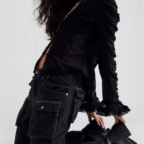 Free People London Calling Slouchy Cord Jeans Plaid Print Black ZipperHemPockets - Picture 3 of 6